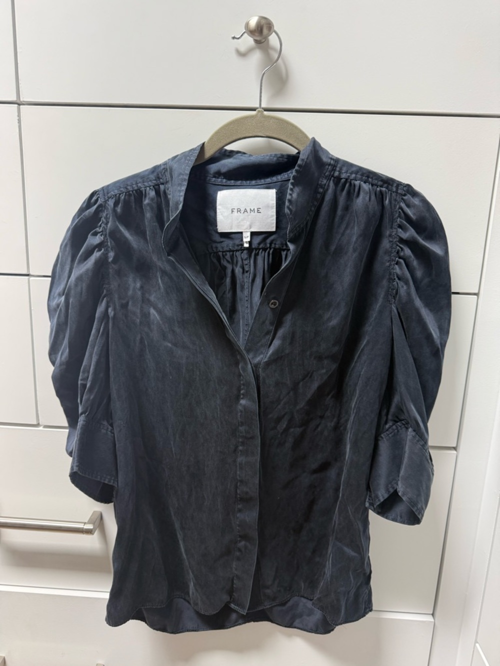 FRAME Gillian 100% Silk Puff Sleeve Blouse | Size S | Dark Navy Washed